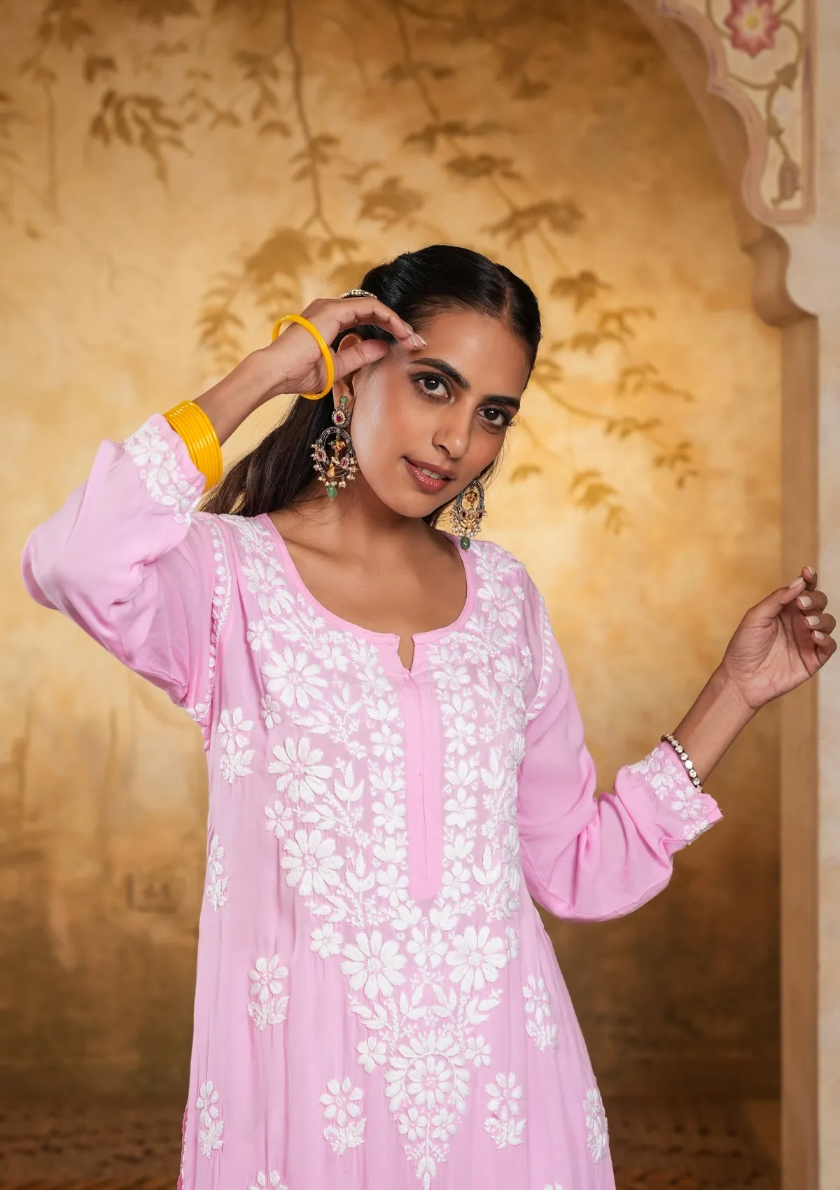 Modal Chikankari Solid Women's Long Kurta - Pink