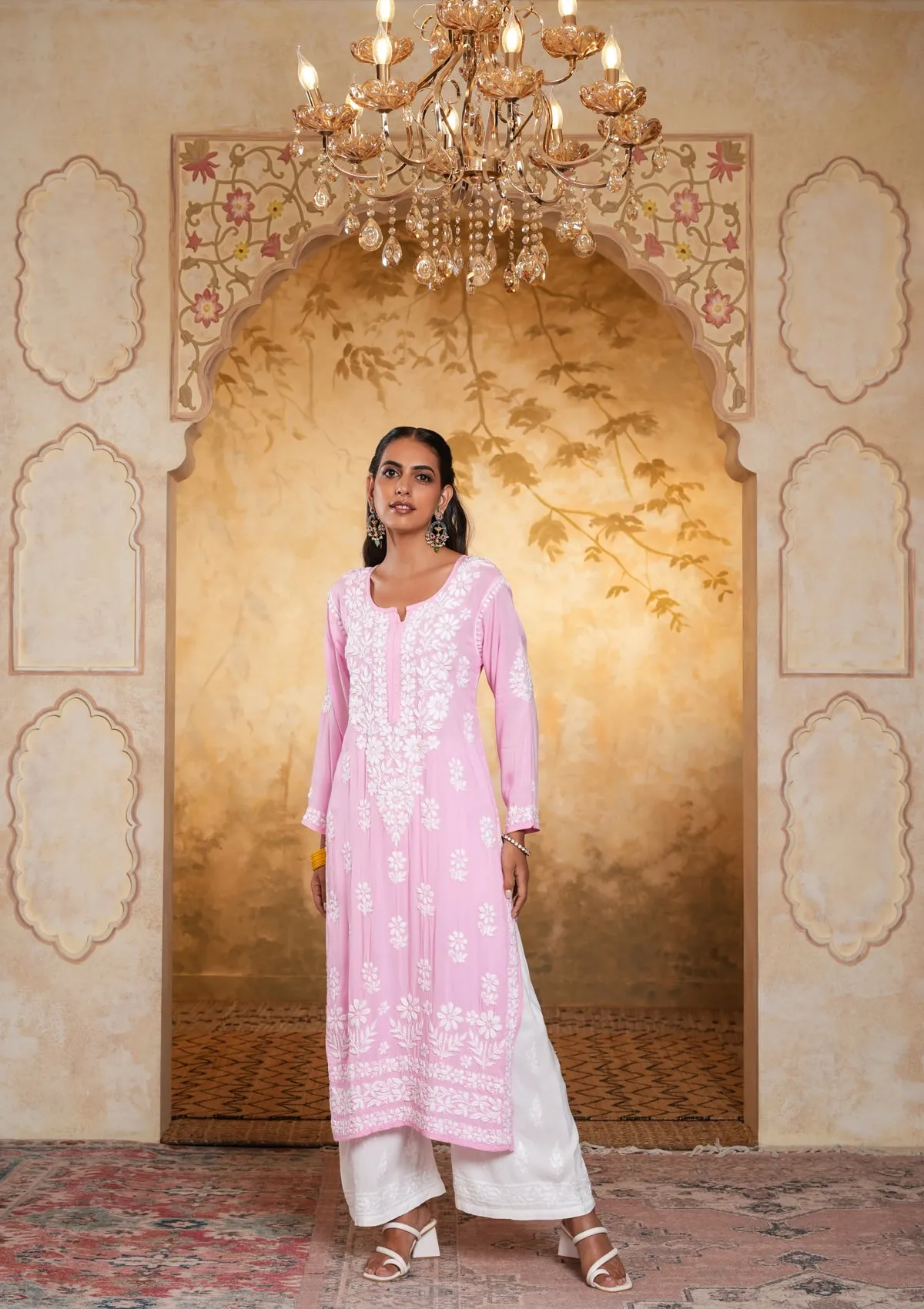 Modal Chikankari Solid Women's Long Kurta - Pink