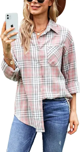 Oversized Womens Flannel Plaid Soft Flannel Button Down Shirt Roll Up Long Sleeve Flannel Plaid Shirt Blouses Women