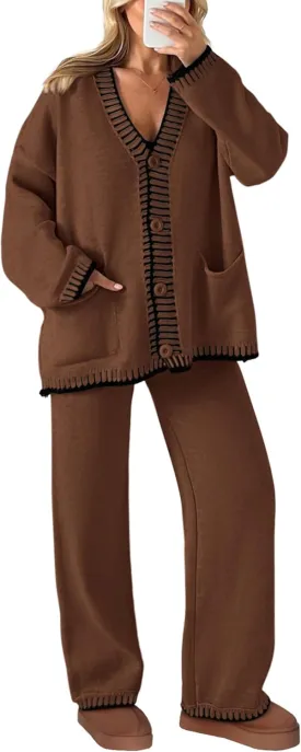 PRETTYGARDEN Women's 2 Piece Outfits Knit Matching Lounge Sets Long Sleeve V Neck Cardigan Sweaters Wide Leg Pants Tracksuits