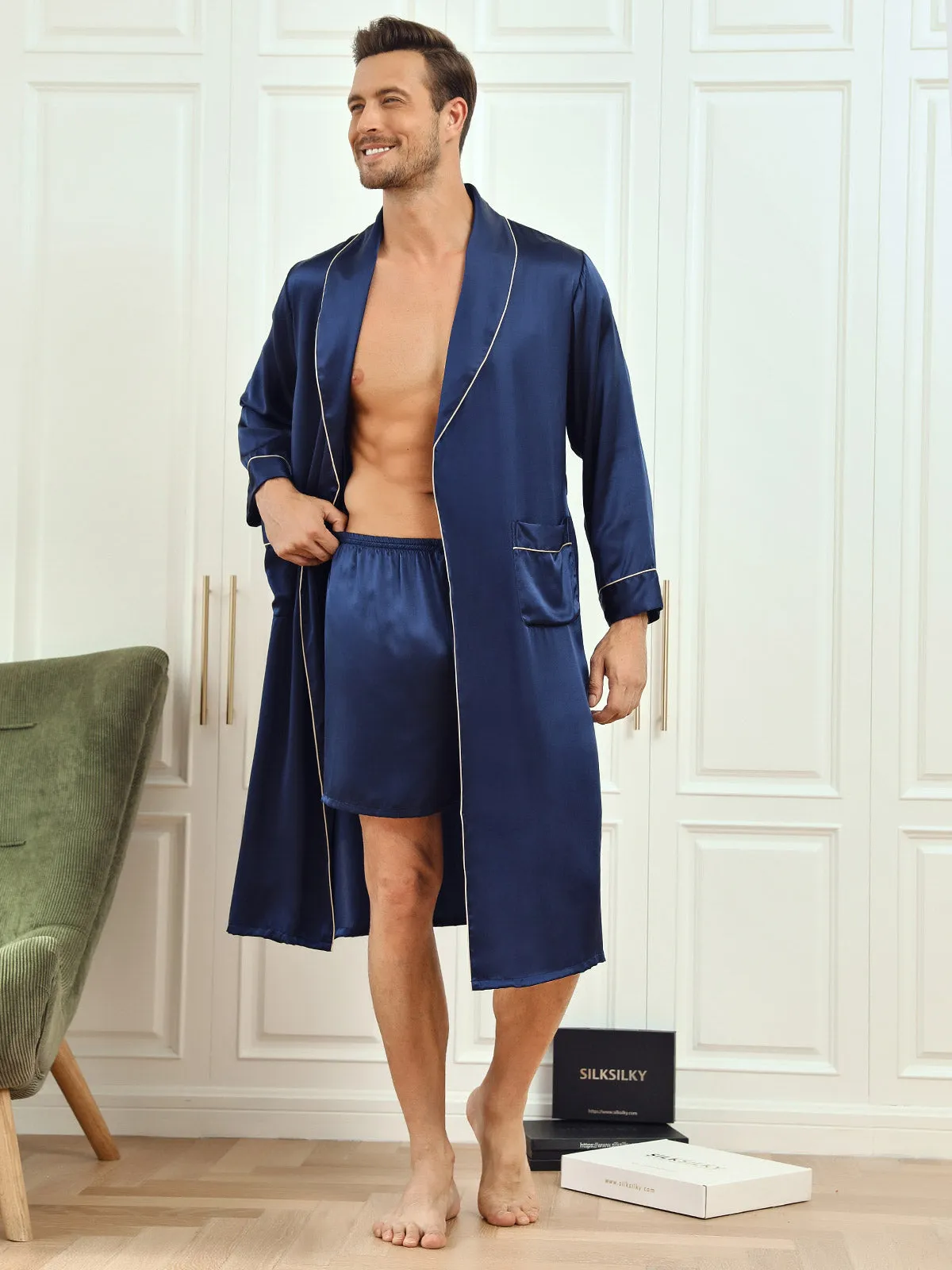 Pure Silk Piping Trim Belted Mens Robe   Shorts 2Pcs