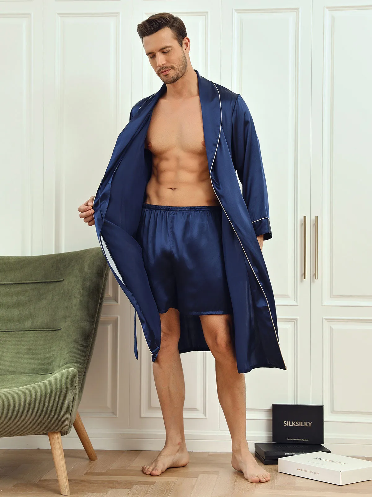 Pure Silk Piping Trim Belted Mens Robe   Shorts 2Pcs