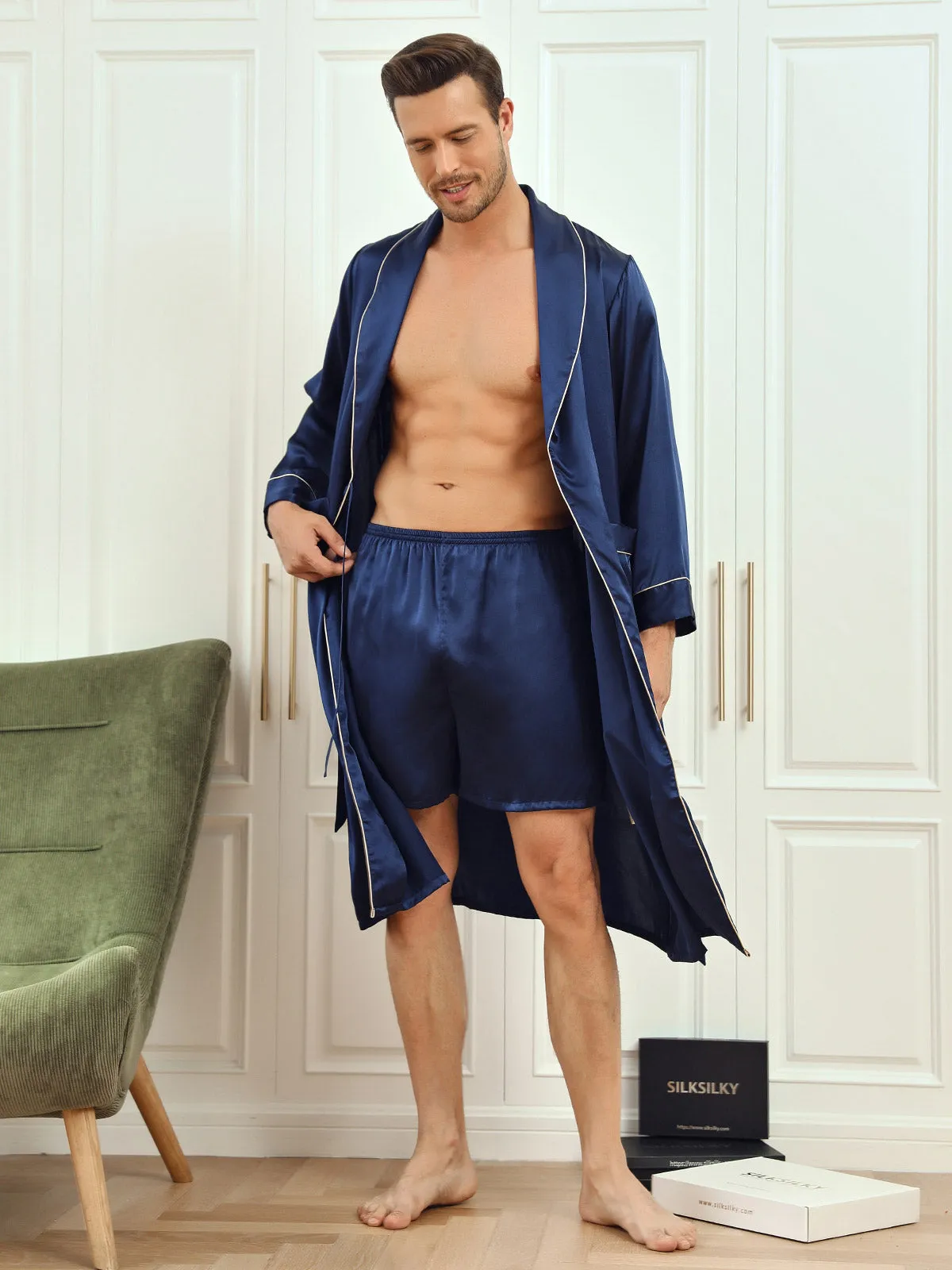 Pure Silk Piping Trim Belted Mens Robe   Shorts 2Pcs