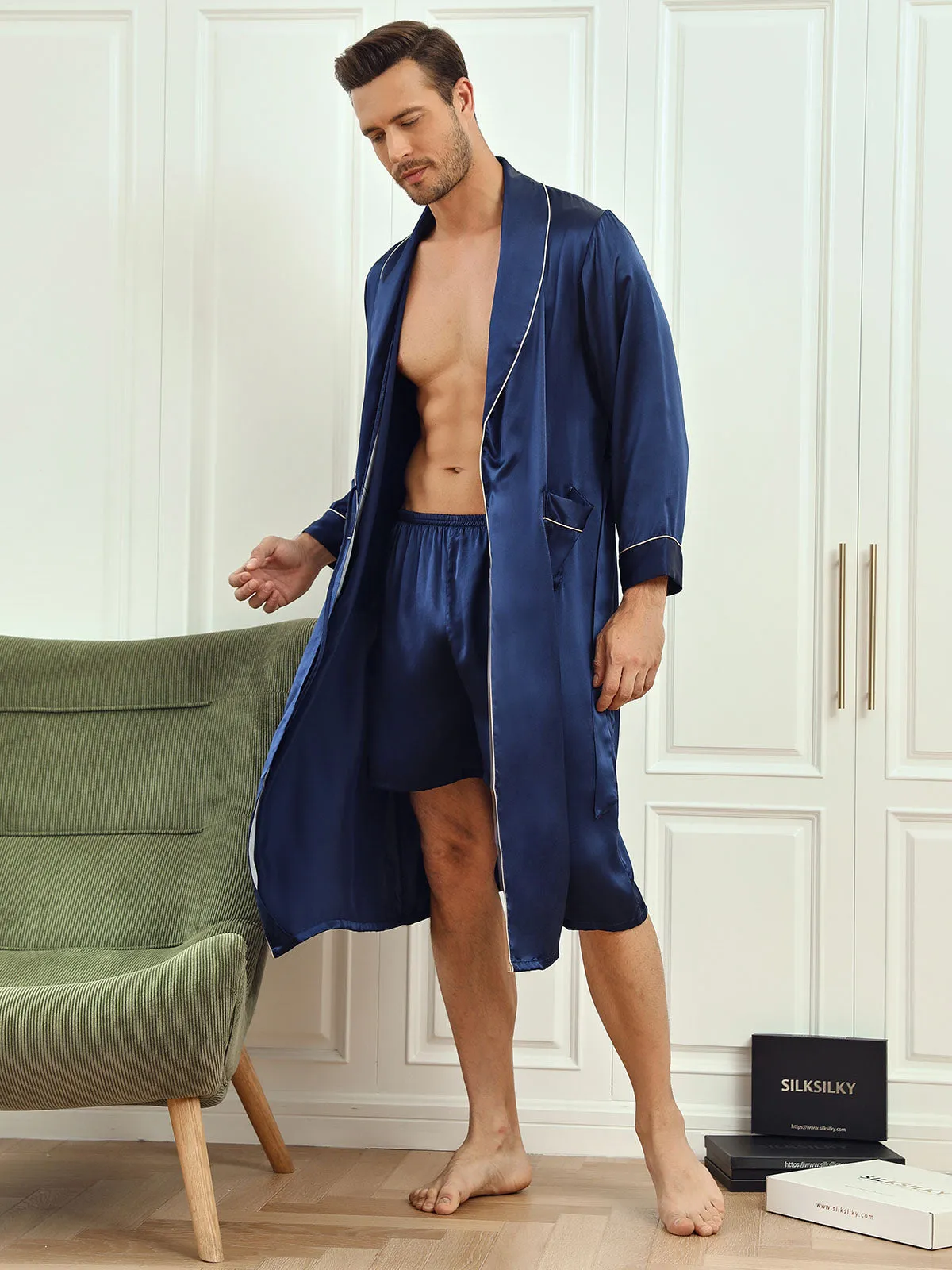 Pure Silk Piping Trim Belted Mens Robe   Shorts 2Pcs
