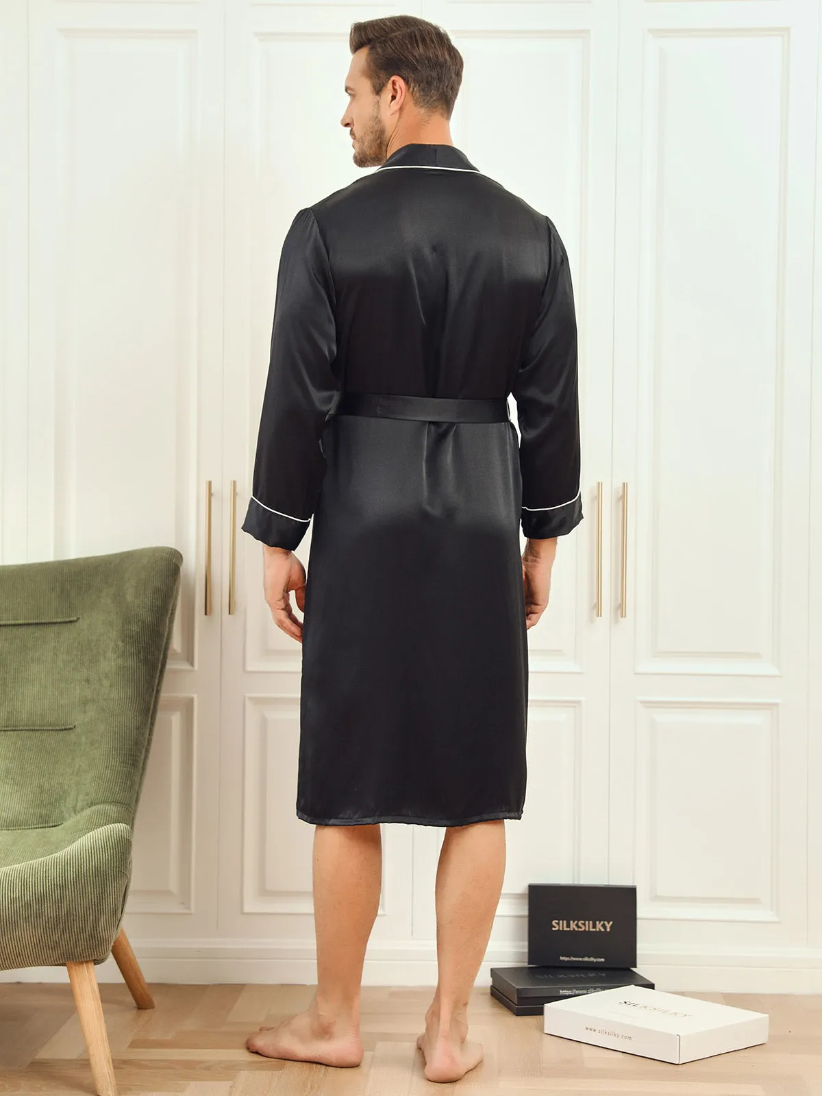 Pure Silk Piping Trim Belted Mens Robe   Shorts 2Pcs