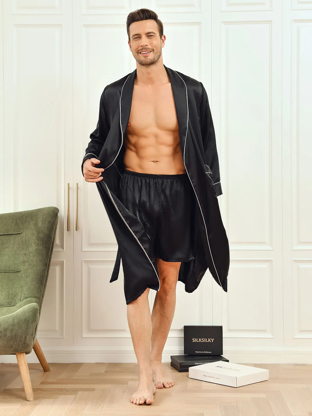 Pure Silk Piping Trim Belted Mens Robe   Shorts 2Pcs