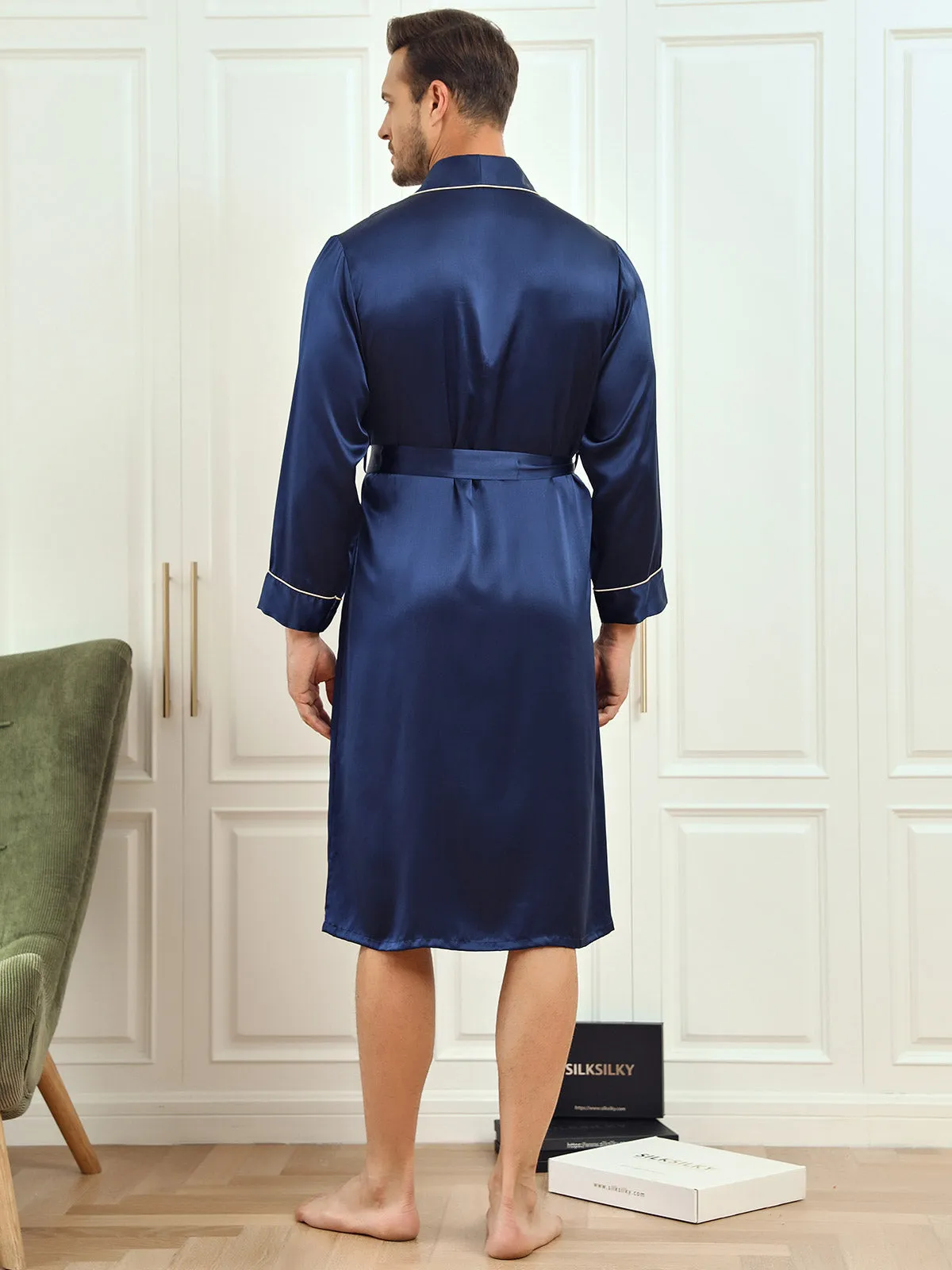 Pure Silk Piping Trim Belted Mens Robe   Shorts 2Pcs