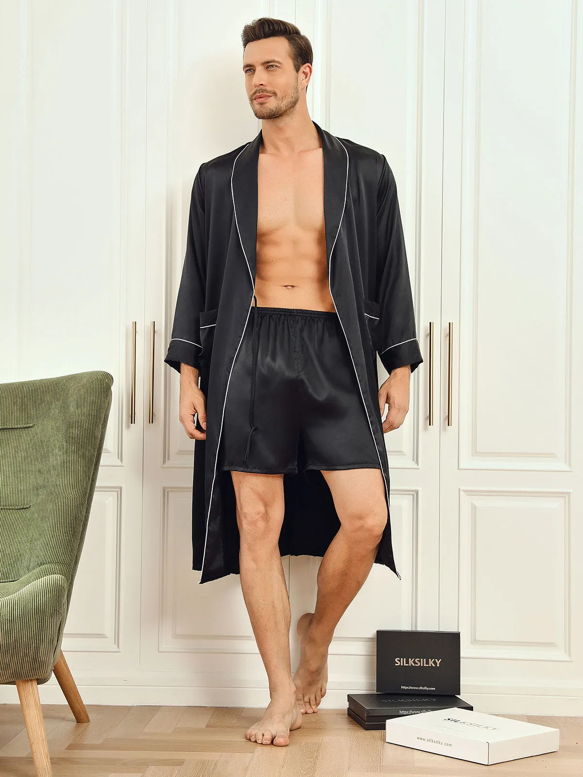 Pure Silk Piping Trim Belted Mens Robe   Shorts 2Pcs