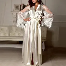 Purpdrank - Women Long Sleeve Silk Sleepwear Nightgown Set Sexy Perspective Mesh Sleeve Splice Robe Nightdress Sleepwear Autumn Clothing
