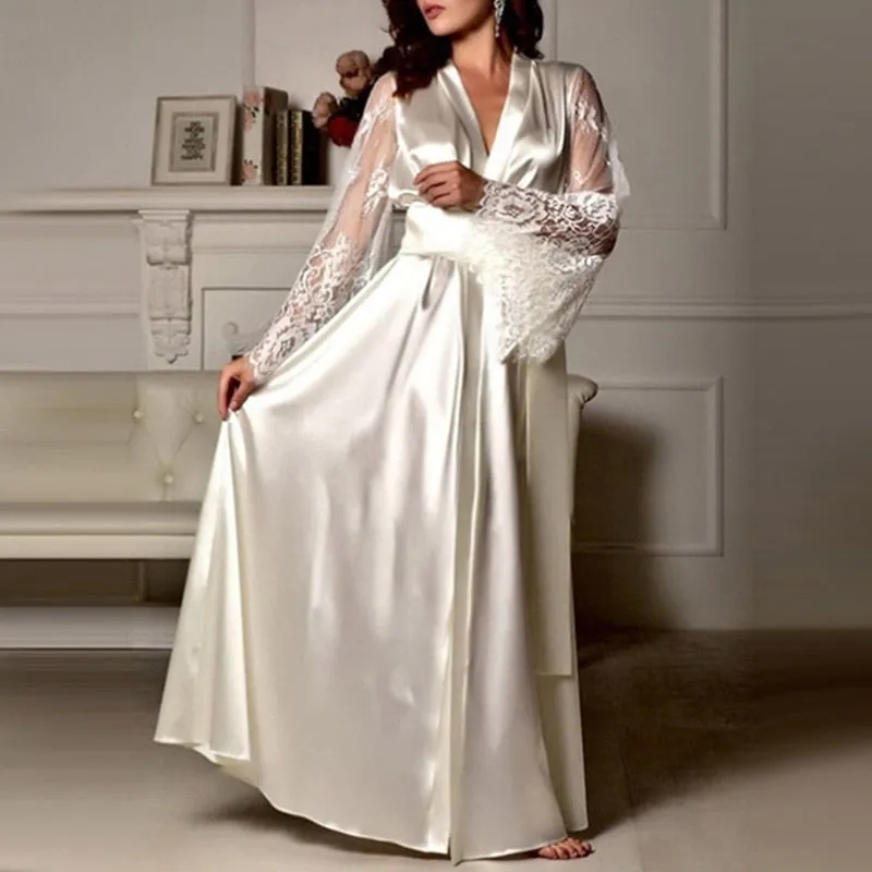 Purpdrank - Women Long Sleeve Silk Sleepwear Nightgown Set Sexy Perspective Mesh Sleeve Splice Robe Nightdress Sleepwear Autumn Clothing