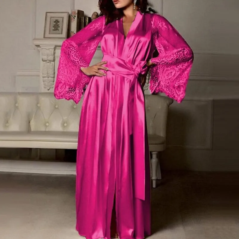 Purpdrank - Women Long Sleeve Silk Sleepwear Nightgown Set Sexy Perspective Mesh Sleeve Splice Robe Nightdress Sleepwear Autumn Clothing