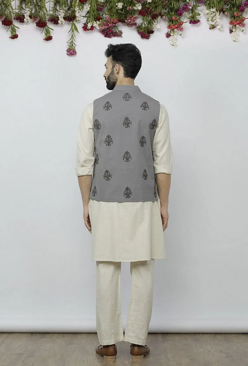 Set of 3 - Safeda Cotton Kurta & Pyjama with Grey Nehru Jacket