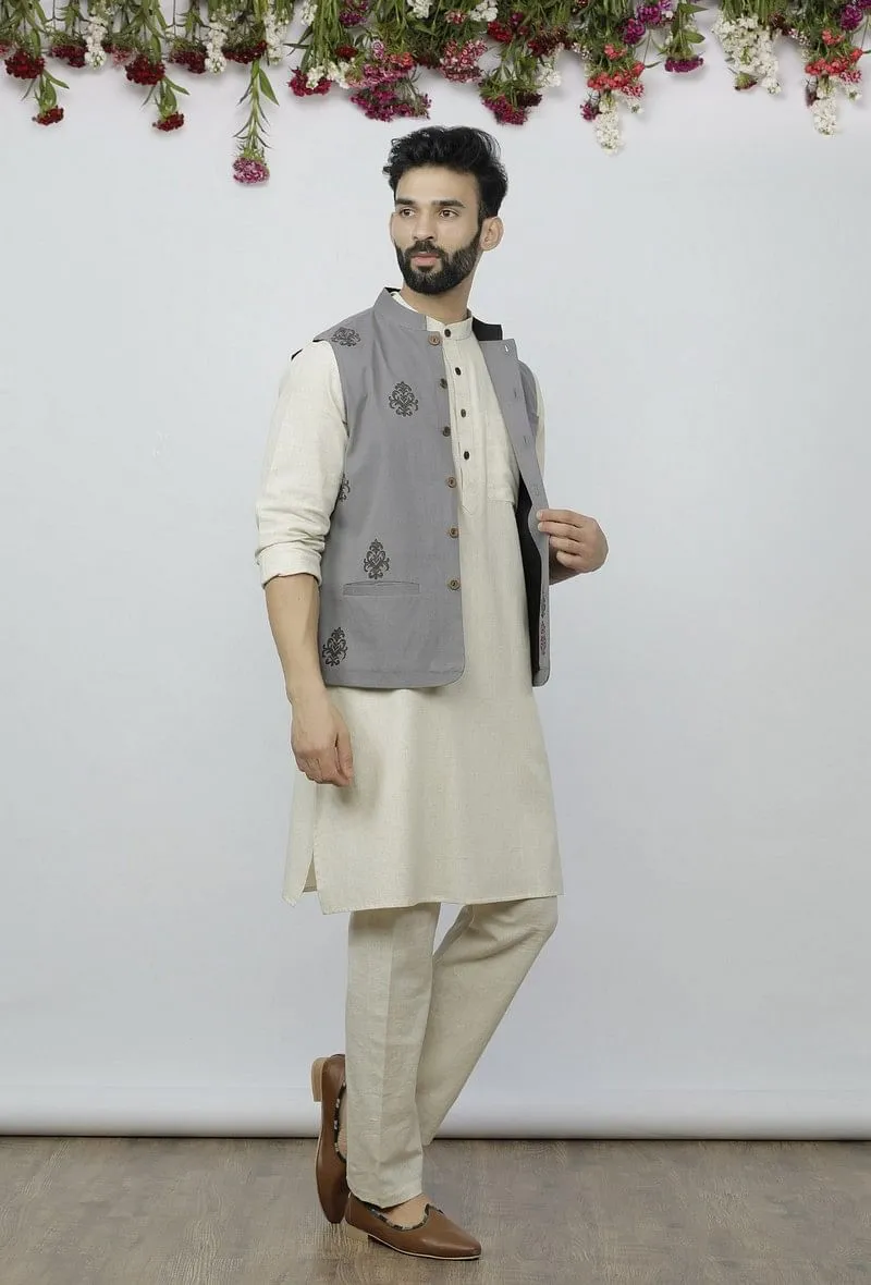 Set of 3 - Safeda Cotton Kurta & Pyjama with Grey Nehru Jacket