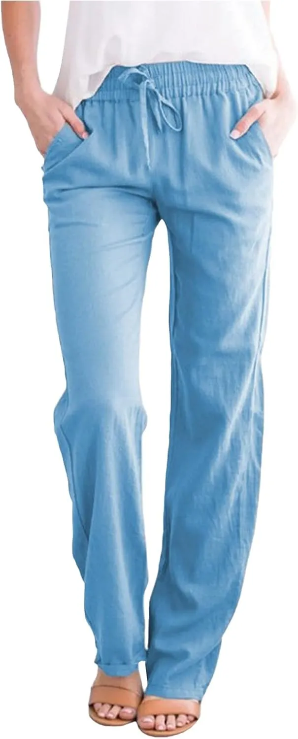 SHAOBGE Womens Casual Cotton Linen Pants Lightweight Summer Relax Fit Elastic Waist Straight Leg Solid Lounge Long Trousers