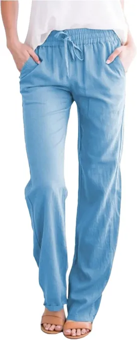 SHAOBGE Womens Casual Cotton Linen Pants Lightweight Summer Relax Fit Elastic Waist Straight Leg Solid Lounge Long Trousers