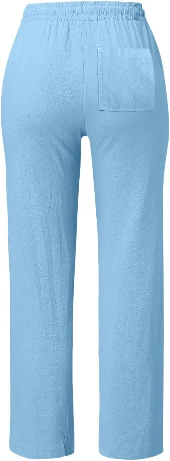 SHAOBGE Womens Casual Cotton Linen Pants Lightweight Summer Relax Fit Elastic Waist Straight Leg Solid Lounge Long Trousers