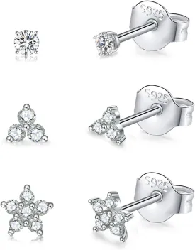 Sterling Silver Stud Earrings for Women, Tiny Flower Earrings Set, Small Cubic Zirconia Helix Earrings Dainty Tragus Cartilage Studs Cherry Blossom Ear Piercing Jewelry Gifts for Teens