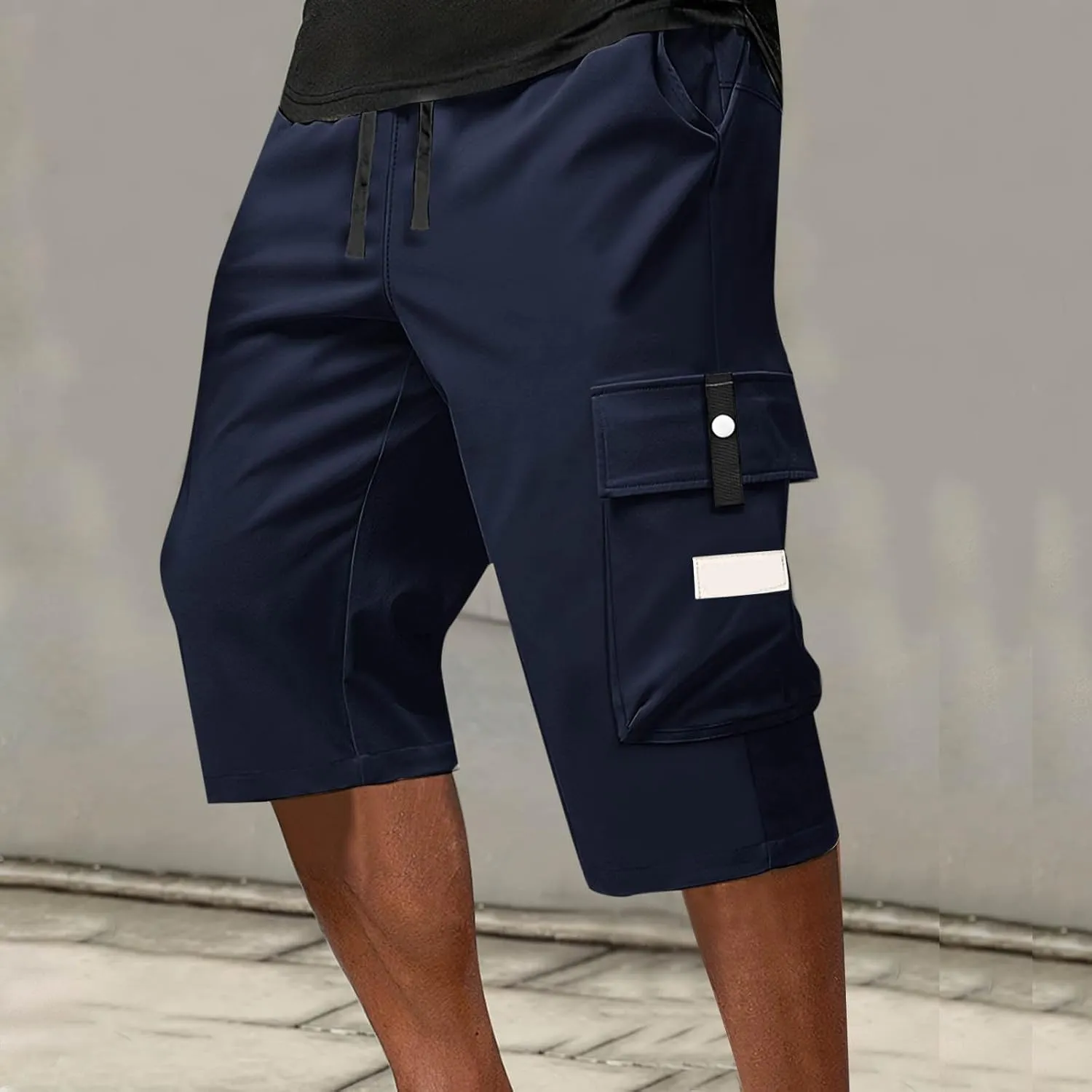 Summer Cargo Shorts for Men Elastic Drawstring Athletic Capri Pants Wide Leg Stretch Hiking Shorts with Multi Pockets