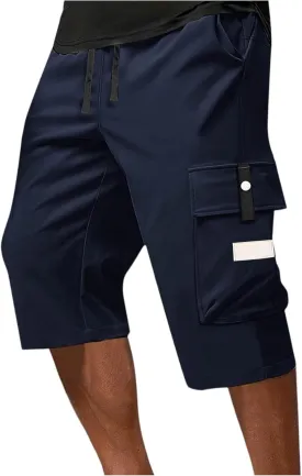 Summer Cargo Shorts for Men Elastic Drawstring Athletic Capri Pants Wide Leg Stretch Hiking Shorts with Multi Pockets