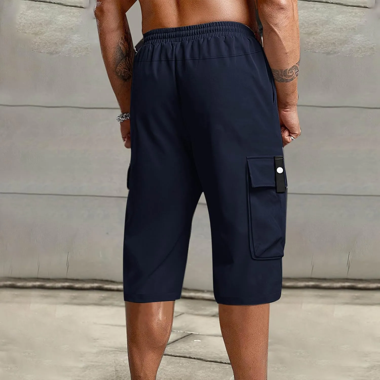Summer Cargo Shorts for Men Elastic Drawstring Athletic Capri Pants Wide Leg Stretch Hiking Shorts with Multi Pockets