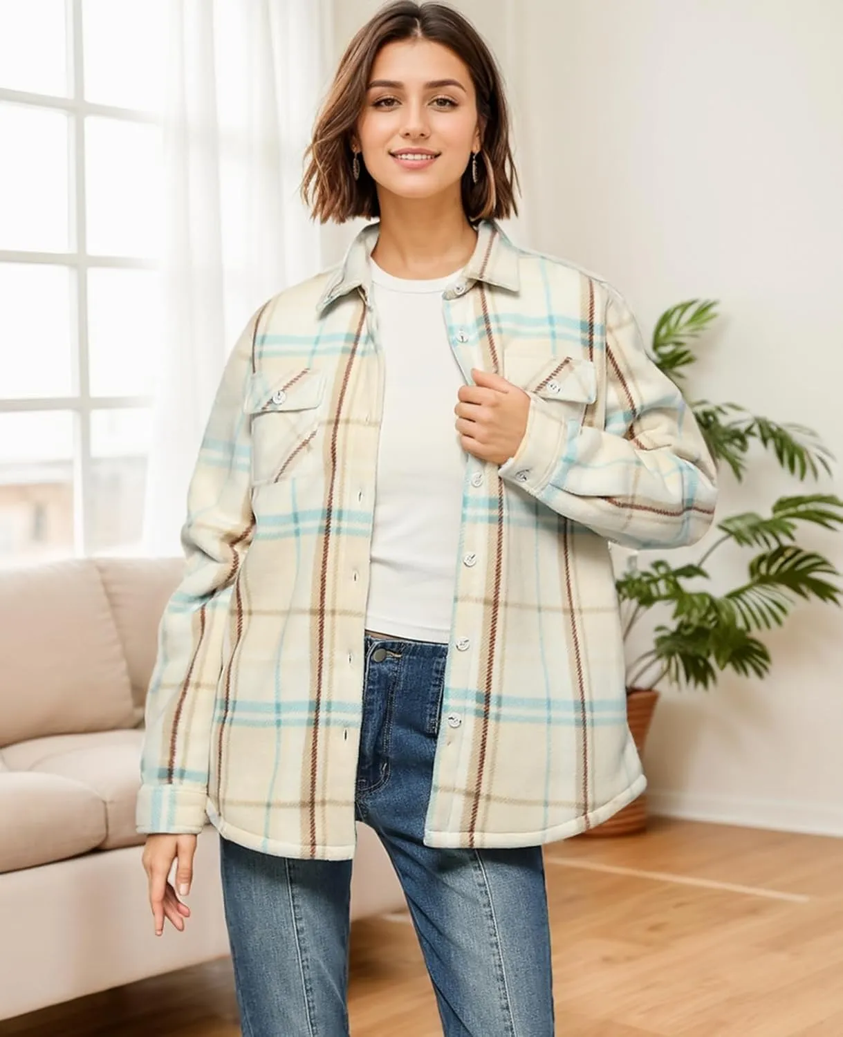 ThCreasa Womens Sherpa Fleece Lined Flannel Shirt Jacket Warm Button Up Plaid Shirt Jac (Sherpa Fleece Throughout)