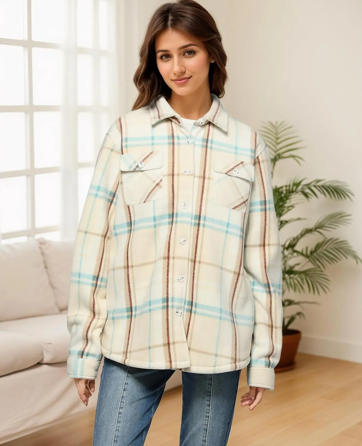 ThCreasa Womens Sherpa Fleece Lined Flannel Shirt Jacket Warm Button Up Plaid Shirt Jac (Sherpa Fleece Throughout)