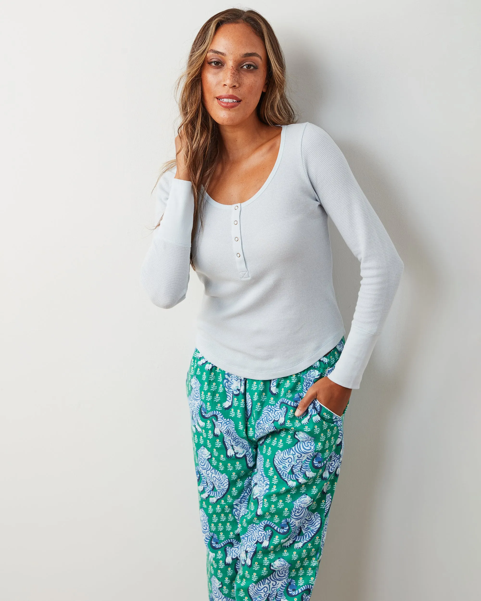 Tiger Queen - Cozy Henley & Lightweight Flannel PJ Pants Set - Jade