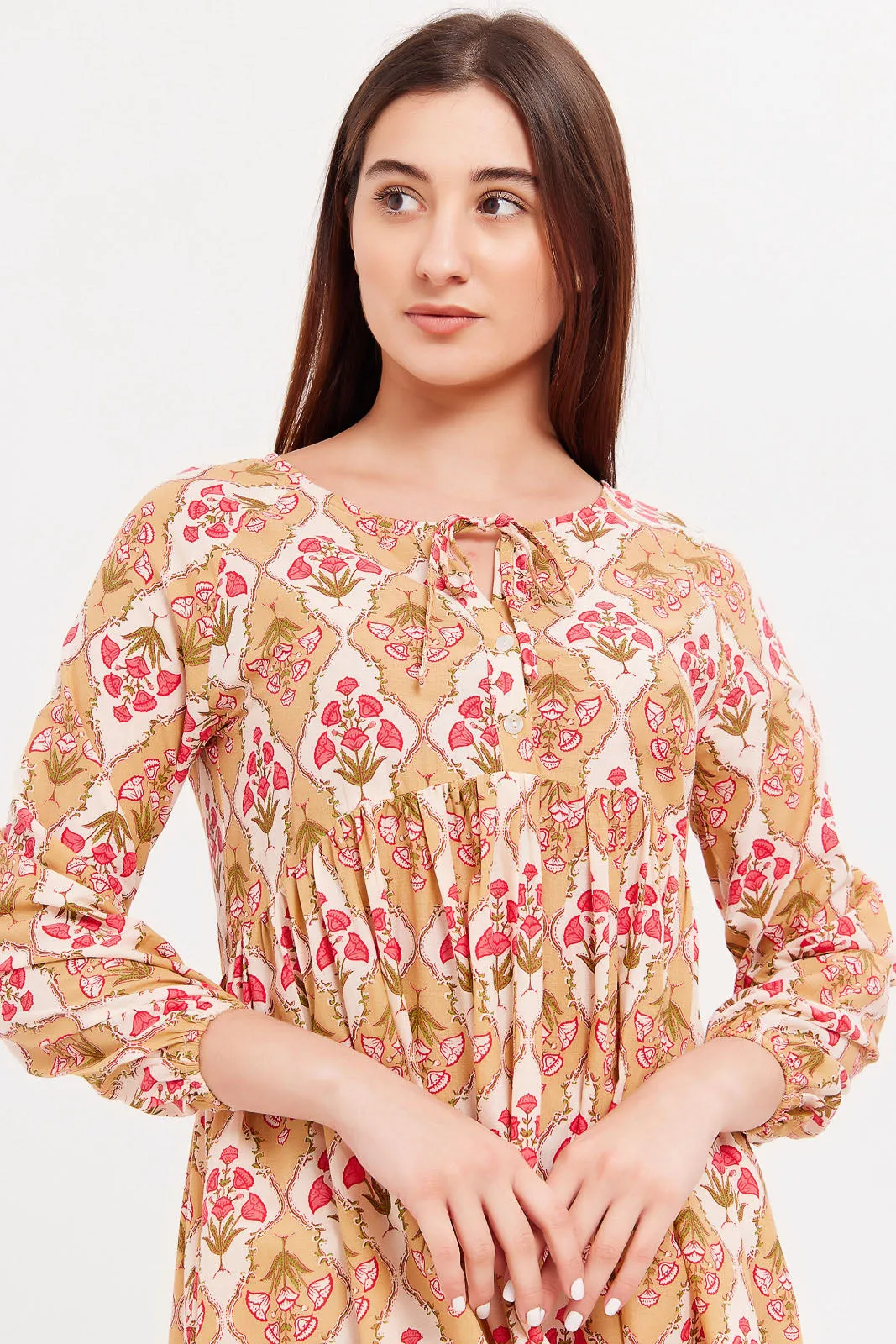 Women Beige Printed Nightgown