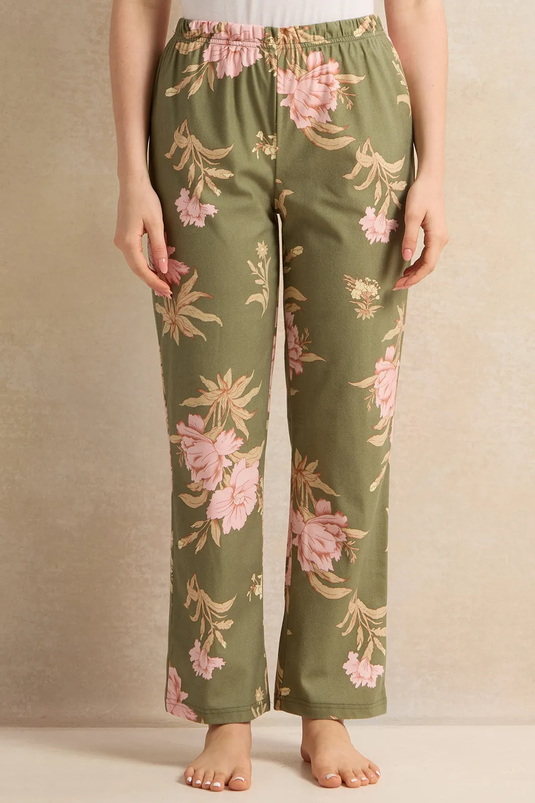 Women Olive Printed Flannel Pajama Set (2 Piece)