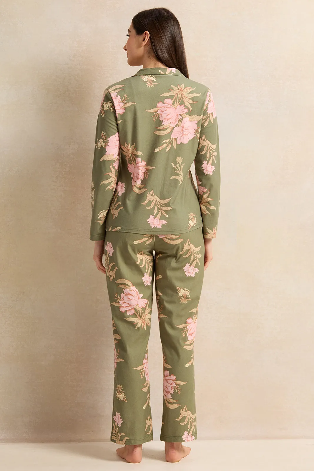 Women Olive Printed Flannel Pajama Set (2 Piece)