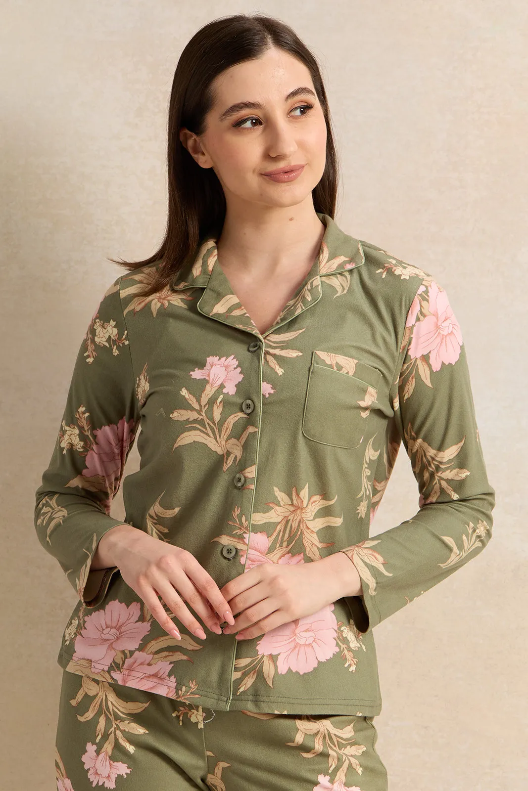 Women Olive Printed Flannel Pajama Set (2 Piece)
