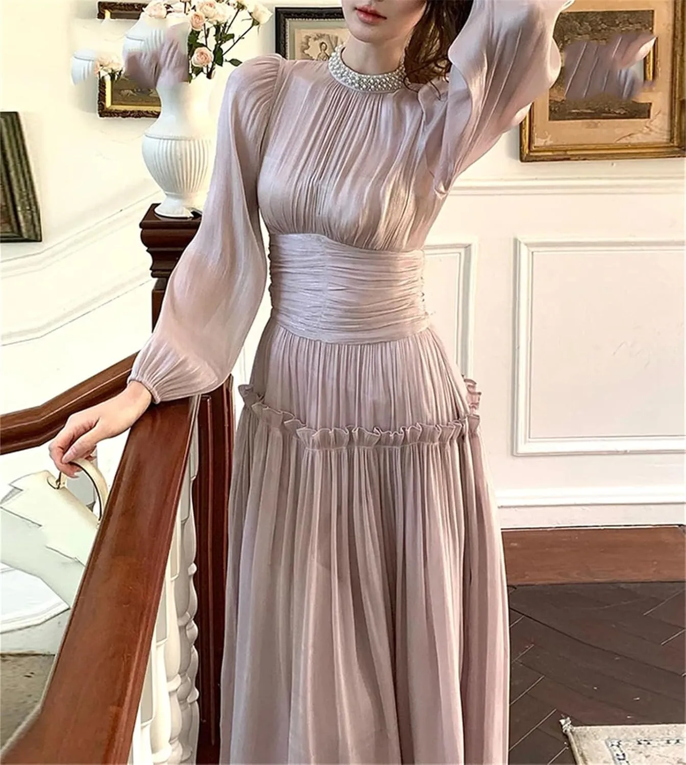 Women's Beaded Party Midi Dress - Stand Collar Ruffles High Waist Design