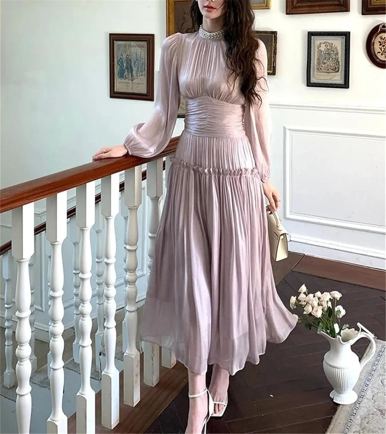 Women's Beaded Party Midi Dress - Stand Collar Ruffles High Waist Design