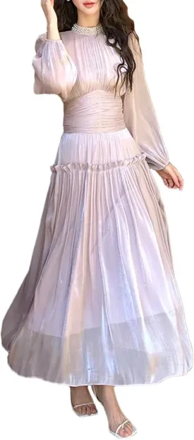 Women's Beaded Party Midi Dress - Stand Collar Ruffles High Waist Design