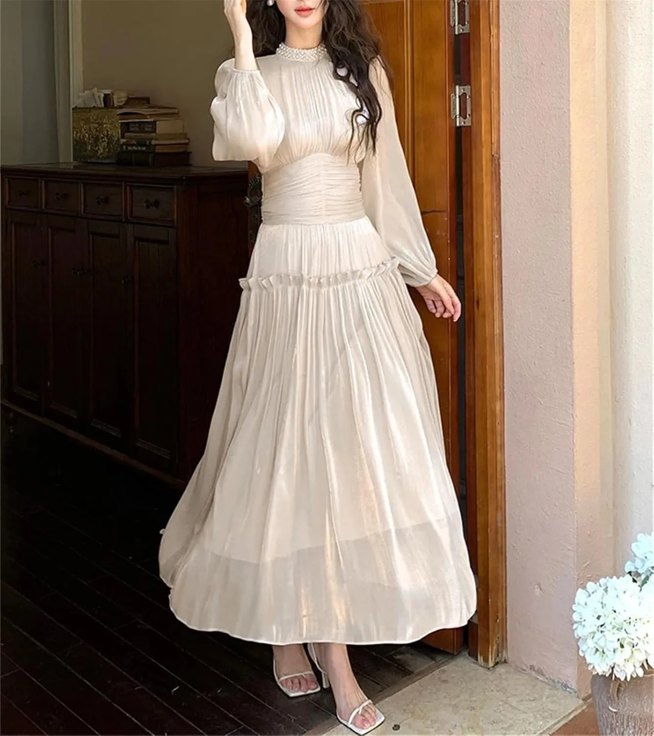 Women's Beaded Party Midi Dress - Stand Collar Ruffles High Waist Design