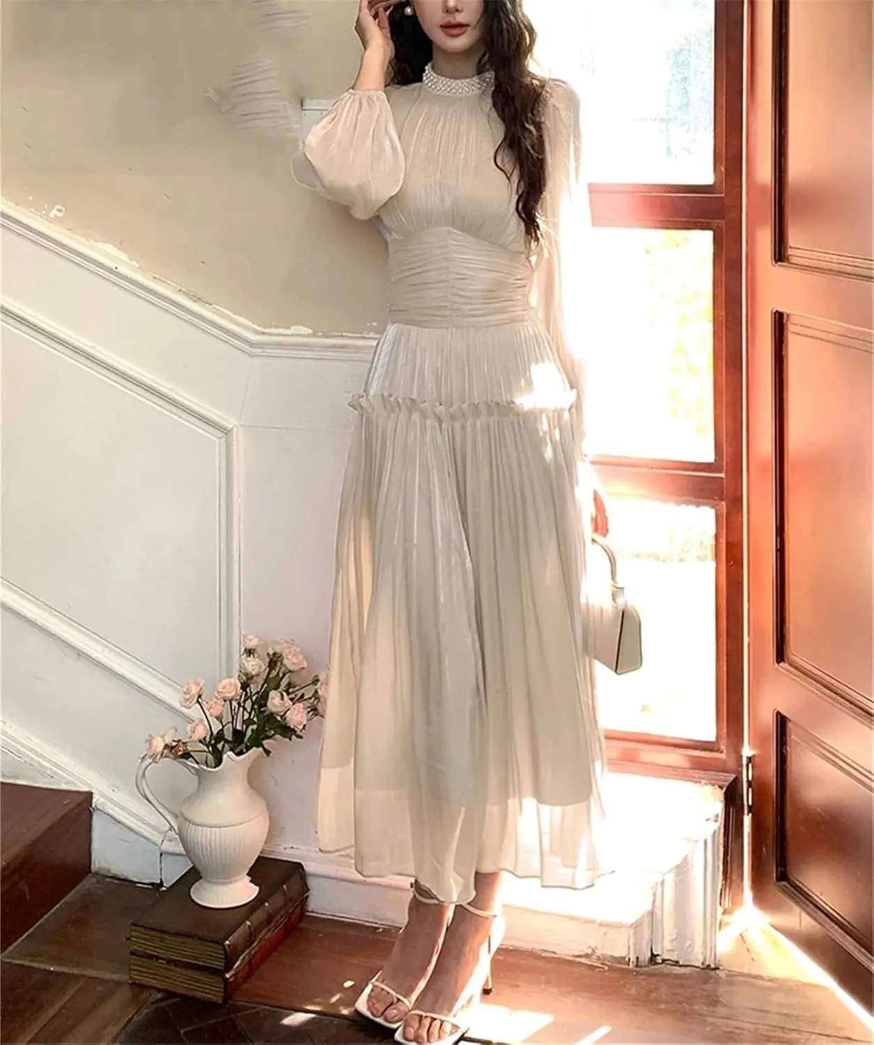 Women's Beaded Party Midi Dress - Stand Collar Ruffles High Waist Design