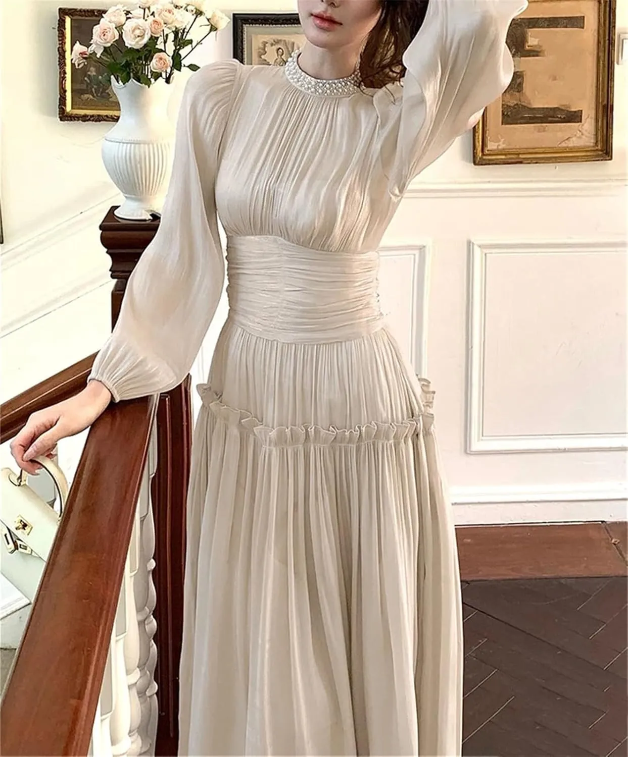 Women's Beaded Party Midi Dress - Stand Collar Ruffles High Waist Design
