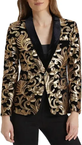Women's Casual Long Sleeved Fashion Velvet Sequins Floral Pattern Suit Jacket Blazer