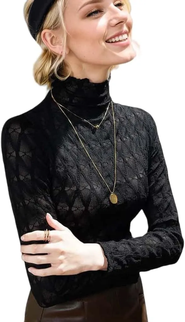 Women's Sexy Autumn Slim Fitting Long Sleeved Turtleneck Pullover Bottom Shirt Mesh Lace Perspectives T-Shirt Top.