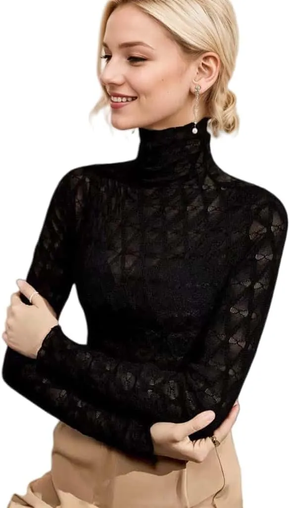 Women's Sexy Autumn Slim Fitting Long Sleeved Turtleneck Pullover Bottom Shirt Mesh Lace Perspectives T-Shirt Top.