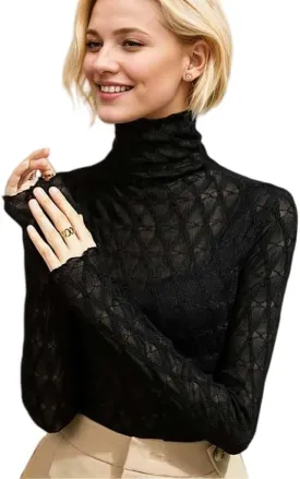 Women's Sexy Autumn Slim Fitting Long Sleeved Turtleneck Pullover Bottom Shirt Mesh Lace Perspectives T-Shirt Top.