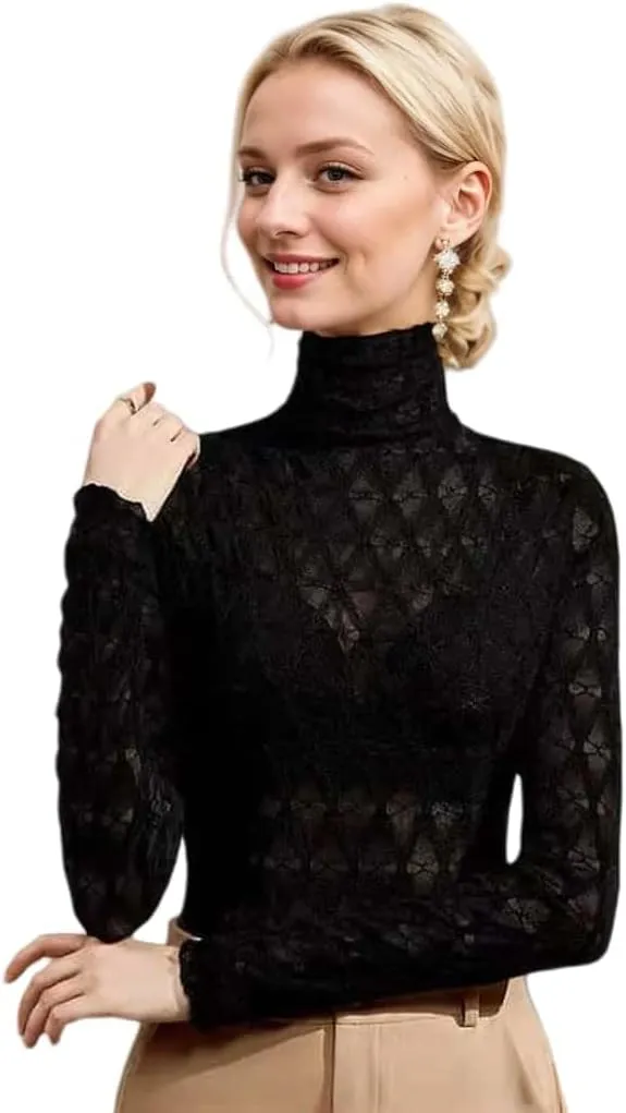 Women's Sexy Autumn Slim Fitting Long Sleeved Turtleneck Pullover Bottom Shirt Mesh Lace Perspectives T-Shirt Top.