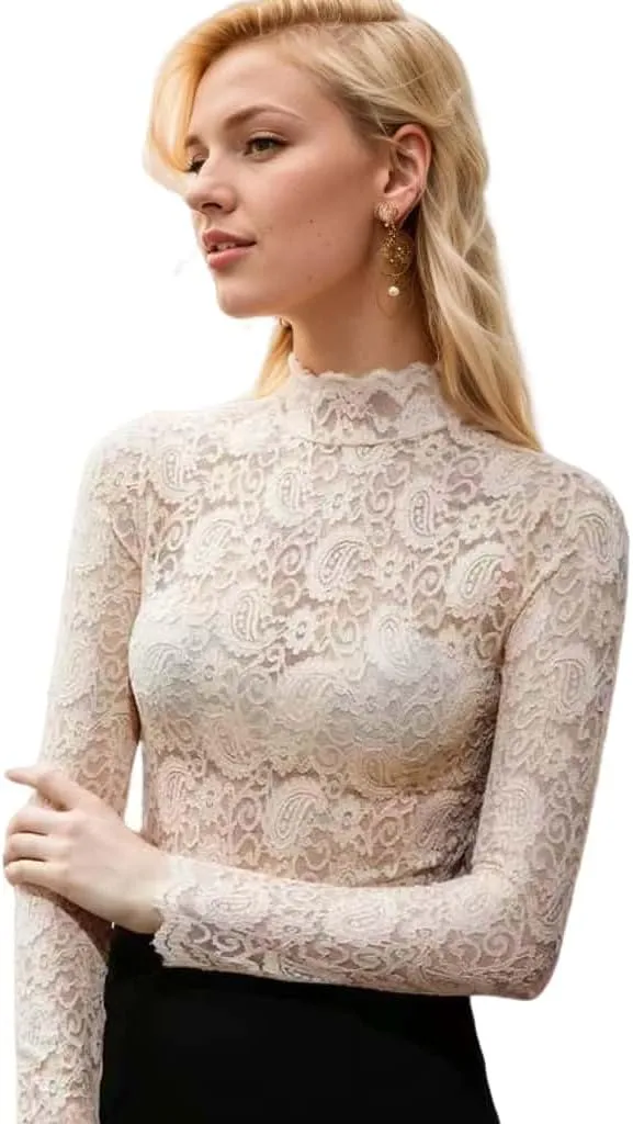 Women's Sexy Slim Fitting Long Sleeved Turtleneck Pullover Bottom Shirt Mesh Lace Perspectives T-Shirt Top