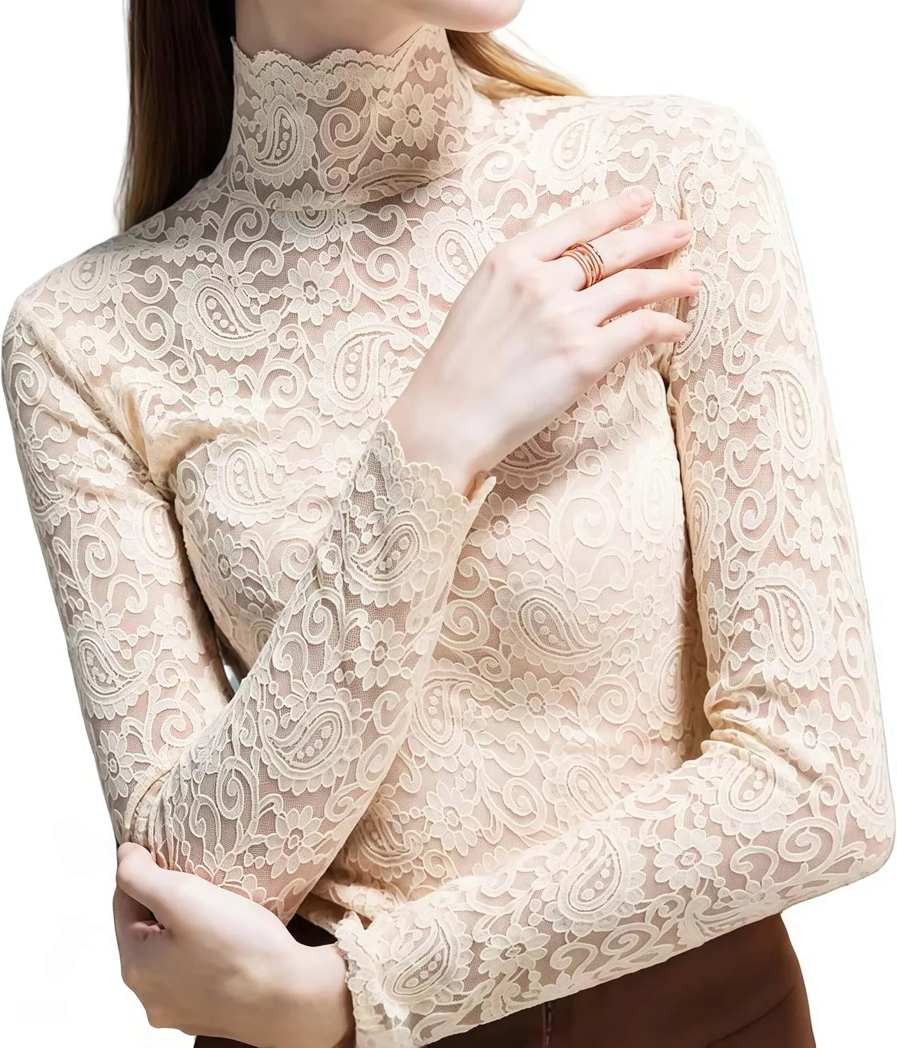 Women's Sexy Slim Fitting Long Sleeved Turtleneck Pullover Bottom Shirt Mesh Lace Perspectives T-Shirt Top