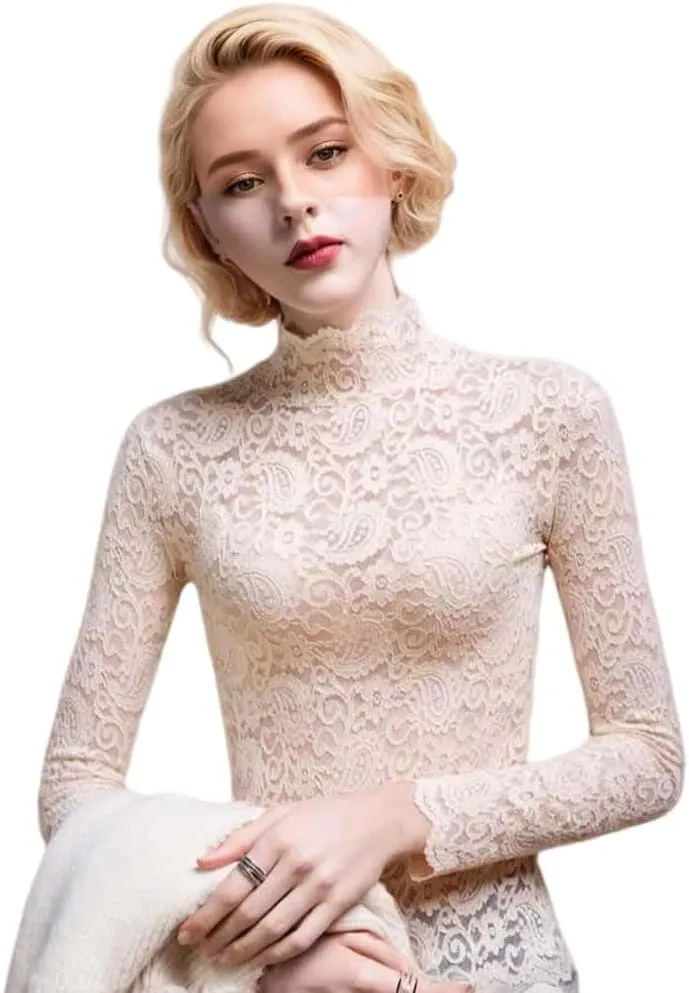 Women's Sexy Slim Fitting Long Sleeved Turtleneck Pullover Bottom Shirt Mesh Lace Perspectives T-Shirt Top