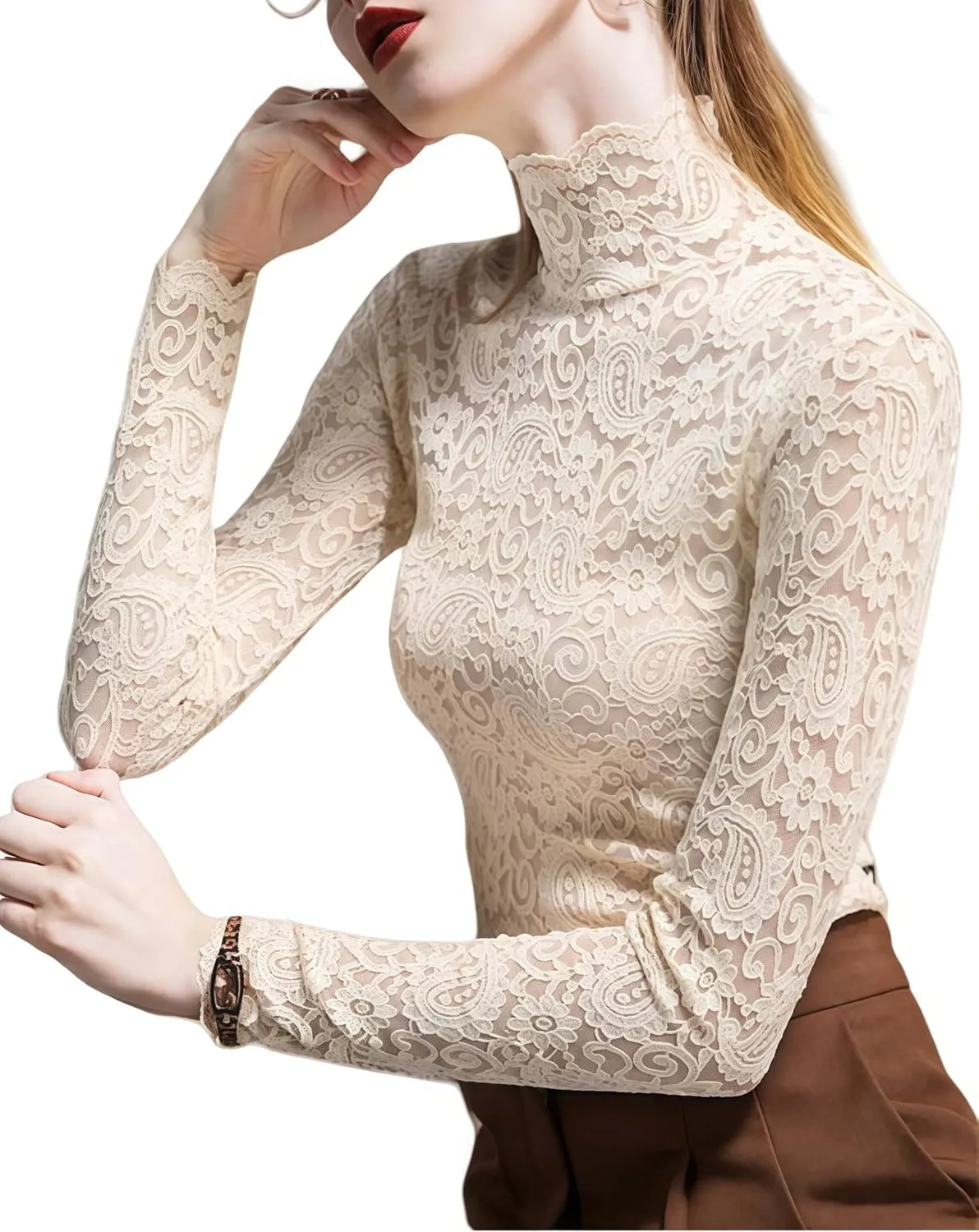 Women's Sexy Slim Fitting Long Sleeved Turtleneck Pullover Bottom Shirt Mesh Lace Perspectives T-Shirt Top