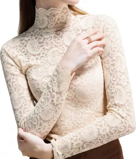 Women's Sexy Slim Fitting Long Sleeved Turtleneck Pullover Bottom Shirt Mesh Lace Perspectives T-Shirt Top