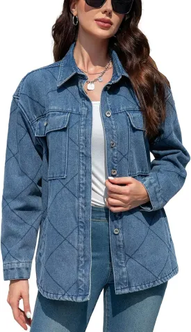 Women's Spring Denim Jacket-Lightweight Oversized Shacket with Soft Flannel Lining-Casual Everyday Wear