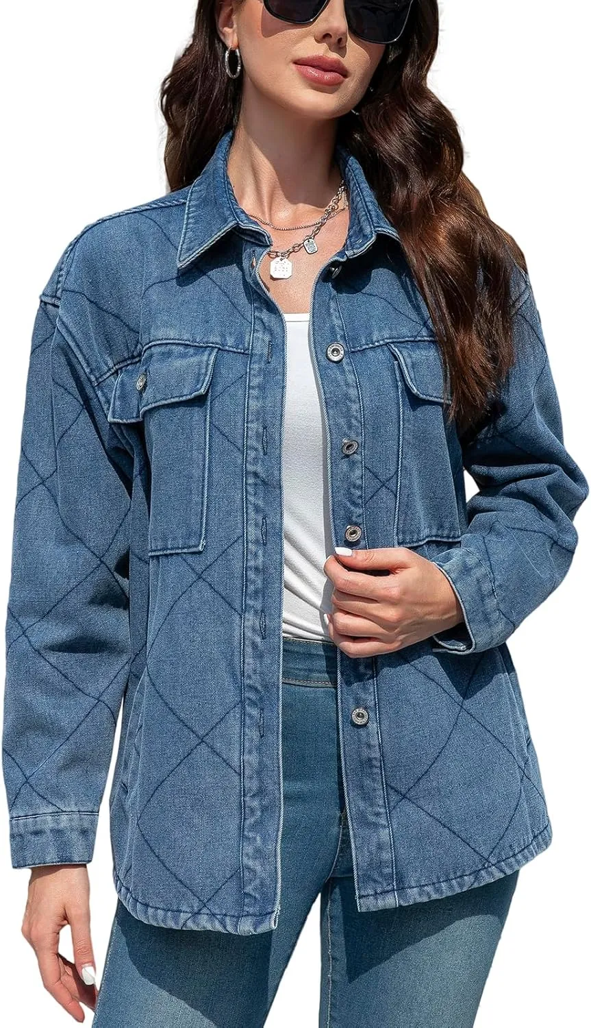 Women's Spring Denim Jacket-Lightweight Oversized Shacket with Soft Flannel Lining-Casual Everyday Wear