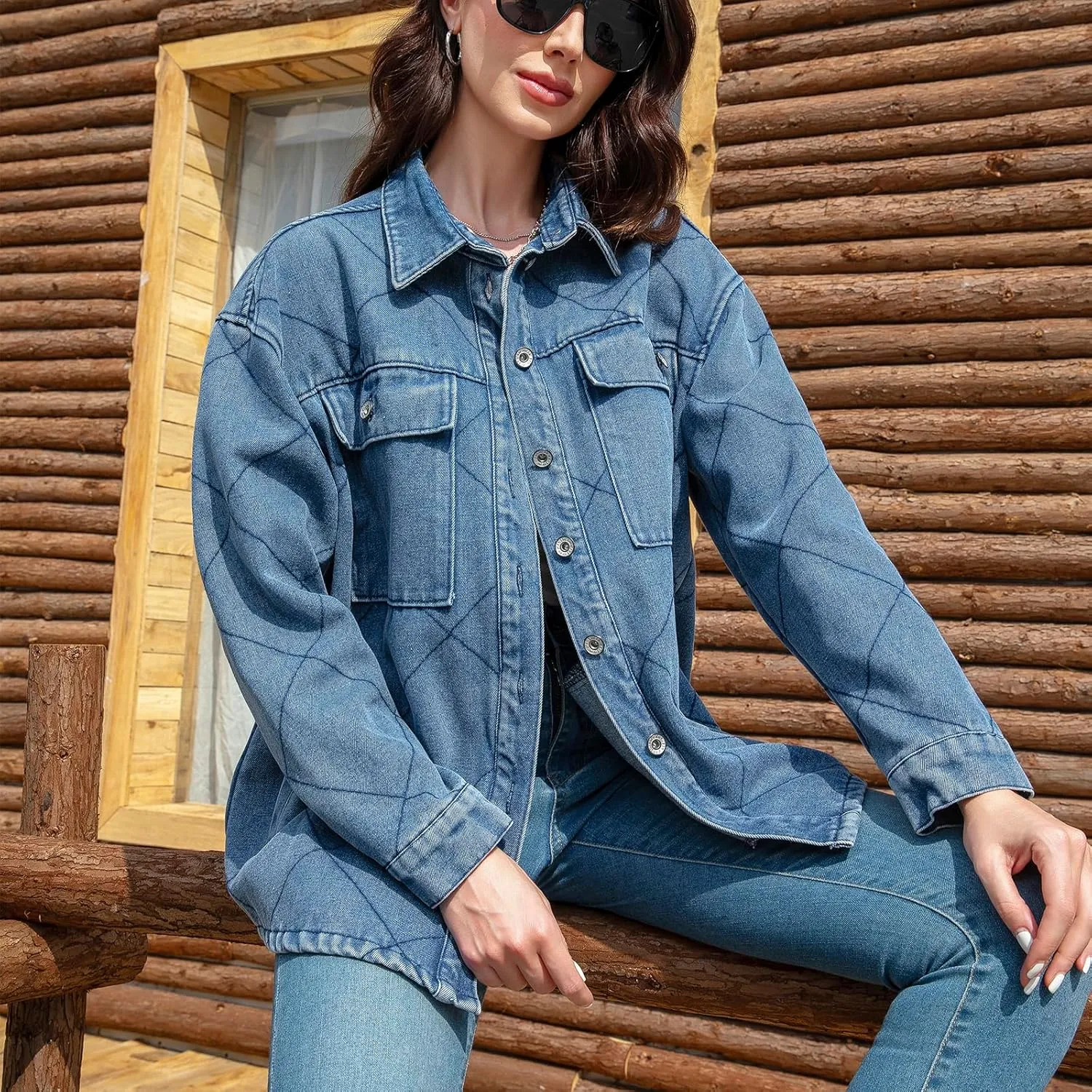 Women's Spring Denim Jacket-Lightweight Oversized Shacket with Soft Flannel Lining-Casual Everyday Wear